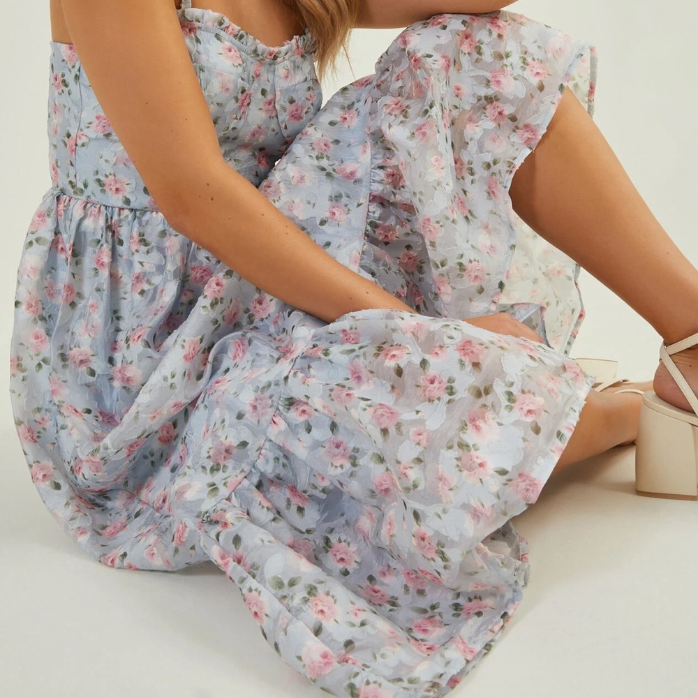 Altar'd State Powder Blue Midi Dress with Pink Floral Print - Picture 1 of 8
